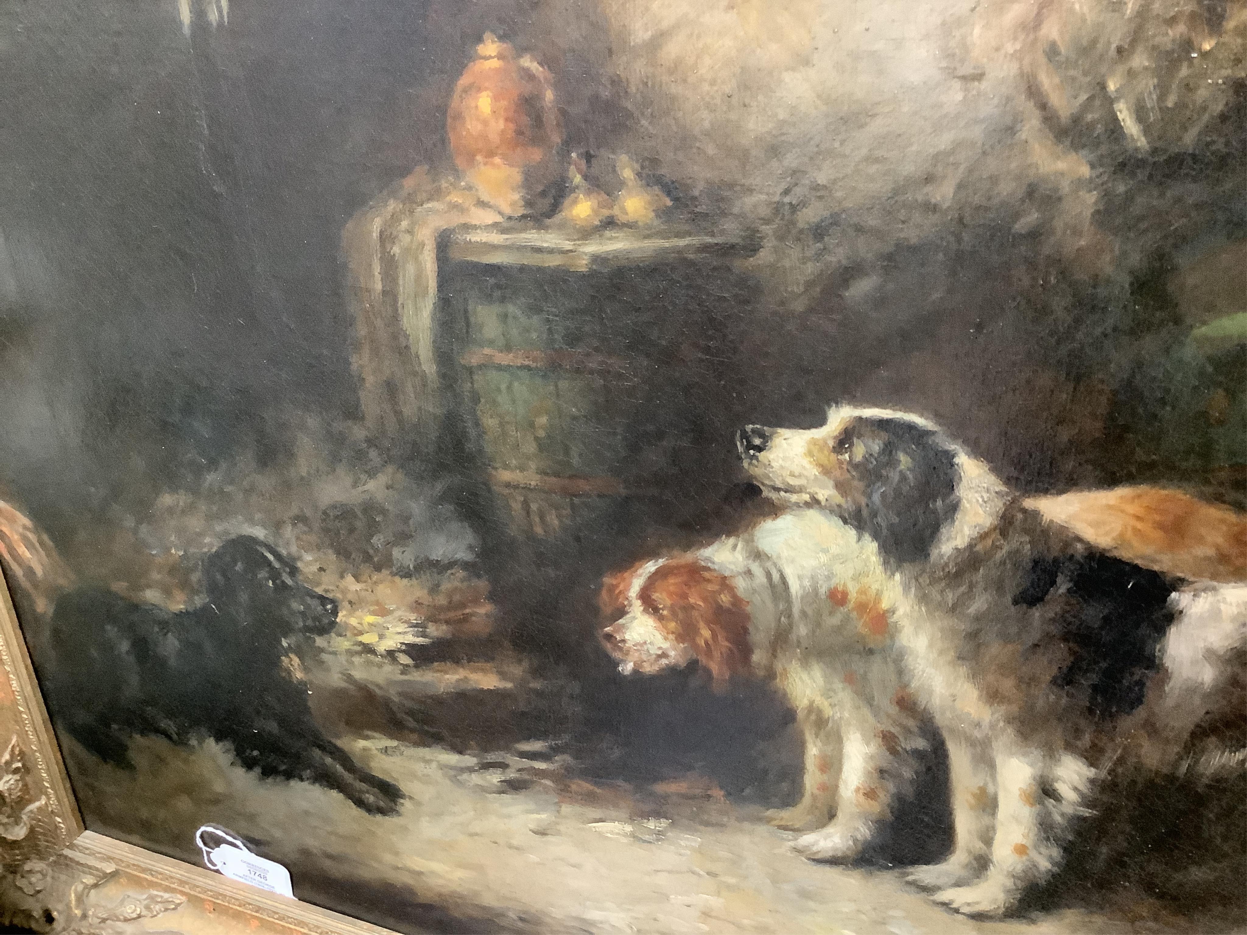 After George Armfield (1808–1893), Hounds in an interior, bears signature, oil on canvas, 62 x 80cm, ornately framed